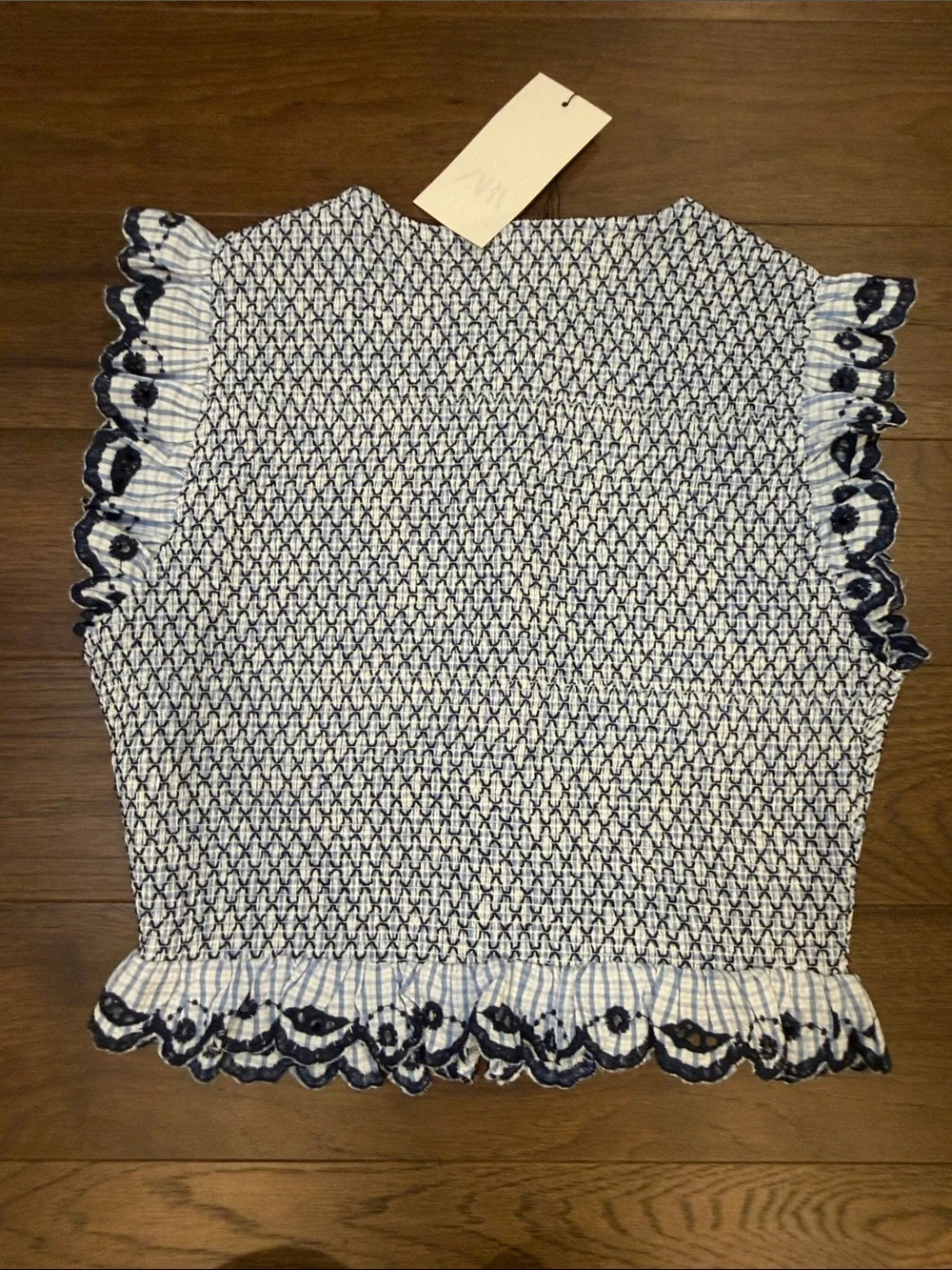Zara Blue and White Checked Smocked Top Size Large NWT - C30-085 - Picture 7 of 7
